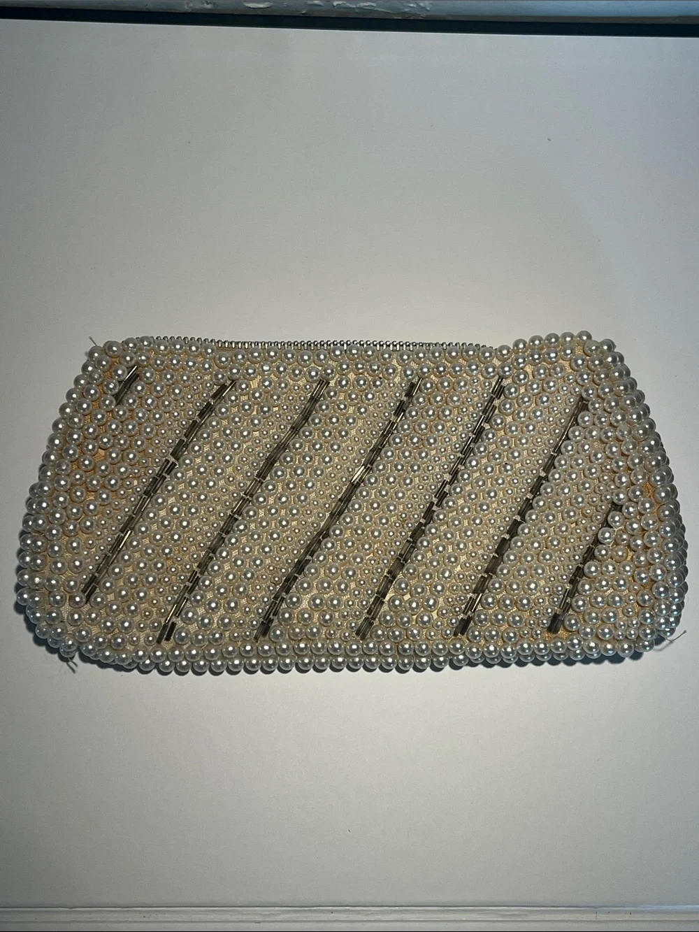 Pearl-Embellished Evening Clutch - Cream Beaded Wristlet Made in Japan 1950s